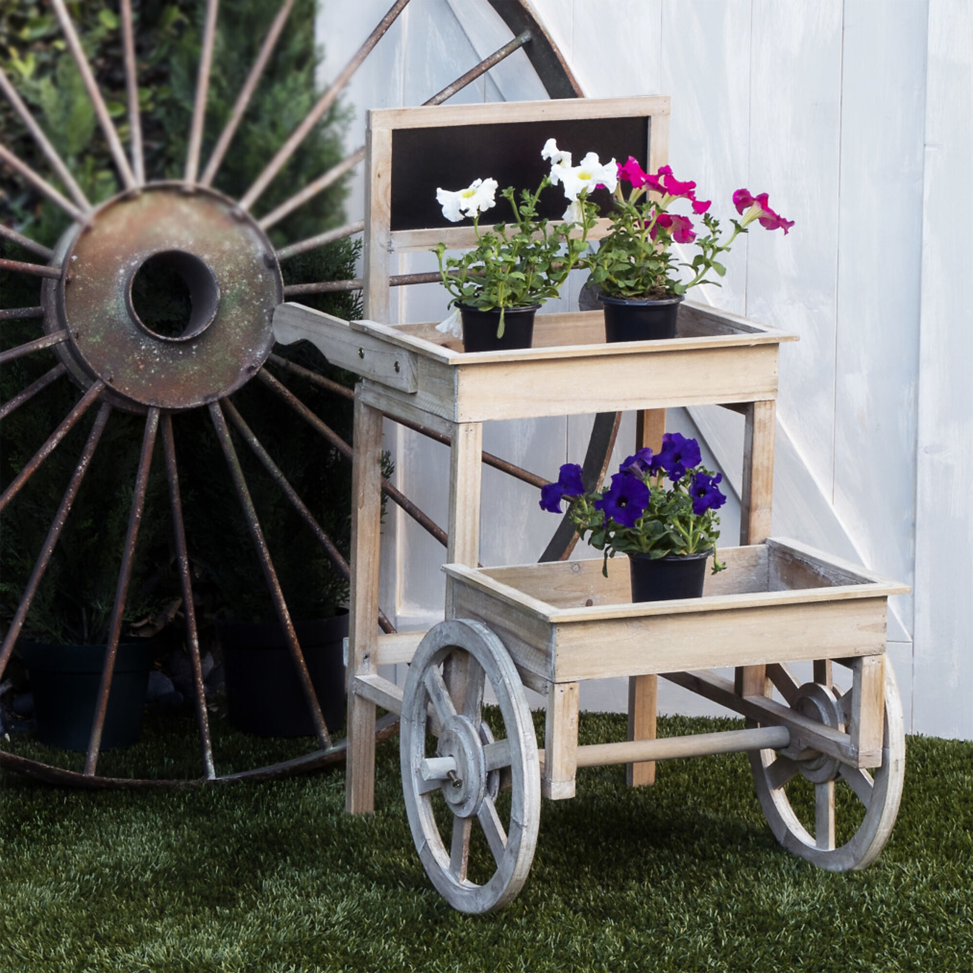 Alpine Corporation, 2-Tier Wooden Plant Stand w/ Chalkboard Wheels, Model# MBB104